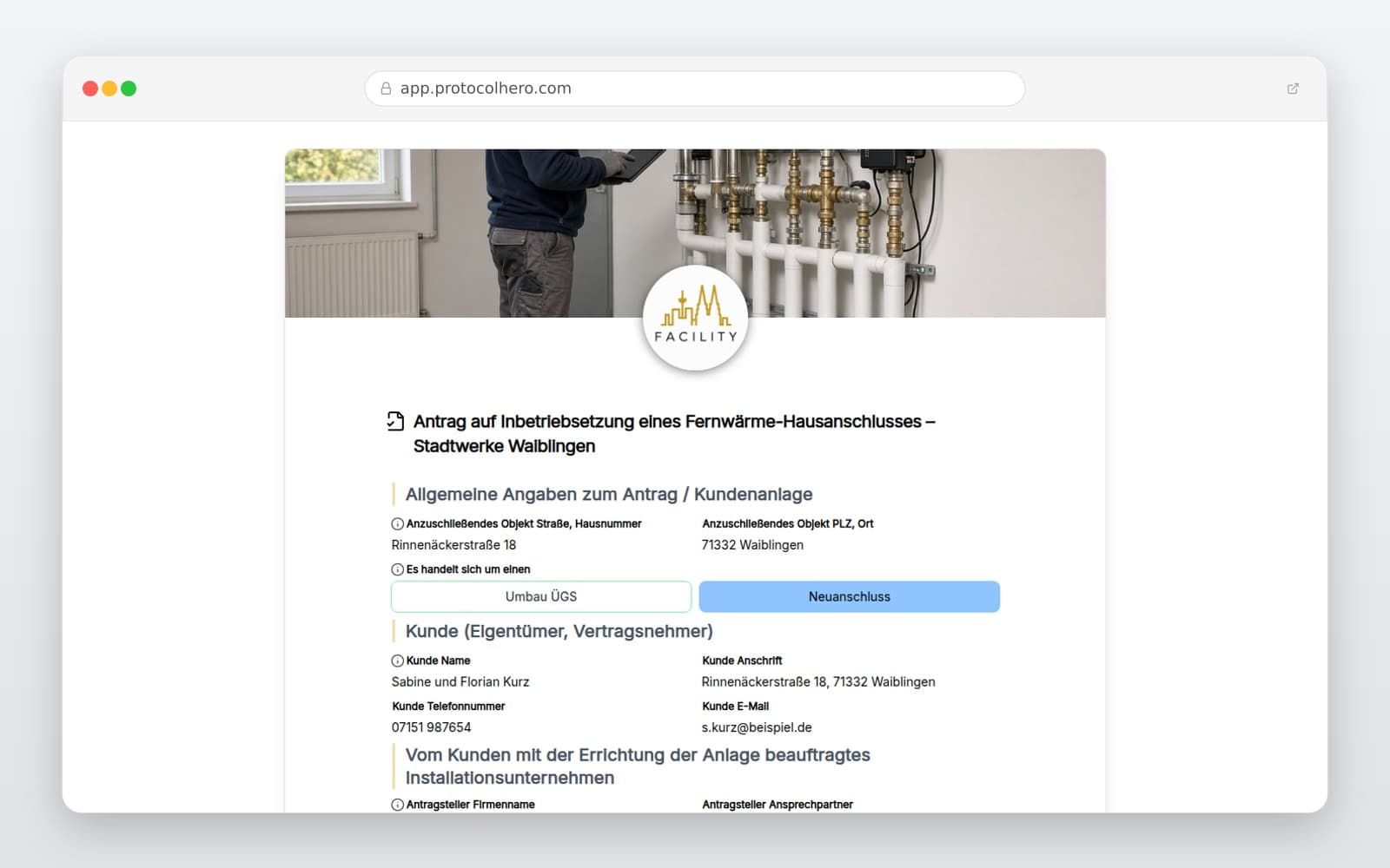 Vorschau der Vorlage „Antrag auf Inbetriebsetzung eines Fernwärme-Hausanschlusses – Stadtwerke Waiblingen"