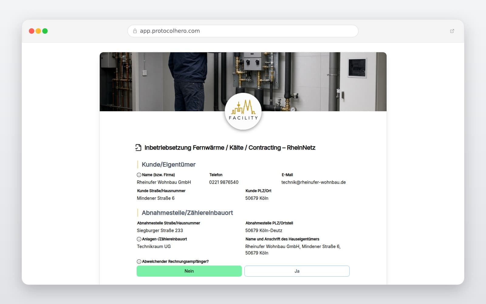 Vorschau der Vorlage „Inbetriebsetzung Fernwärme / Kälte / Contracting – RheinNetz"