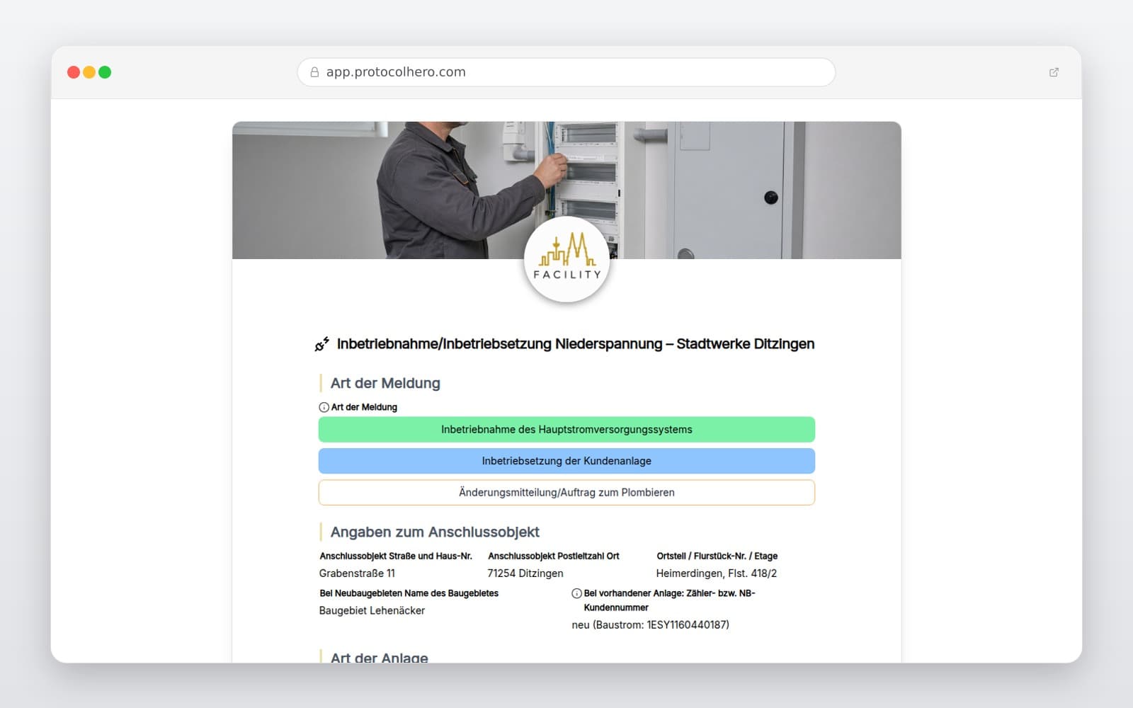 Vorschau der Vorlage „Inbetriebnahme/Inbetriebsetzung Niederspannung – Stadtwerke Ditzingen"
