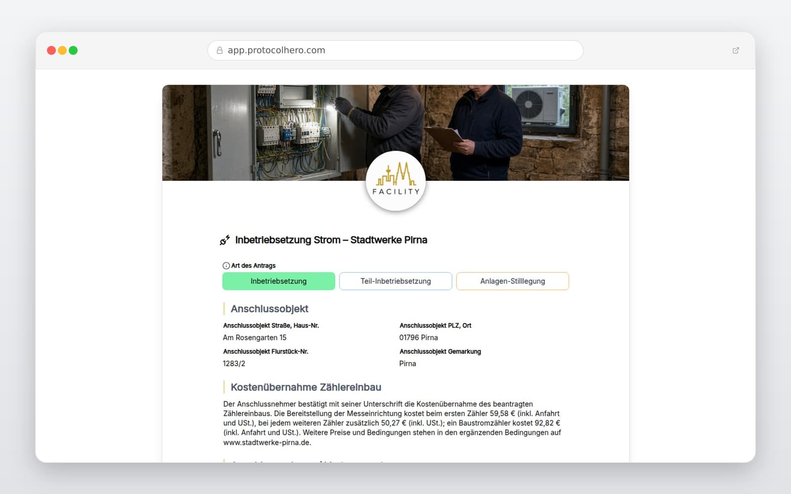 Vorschau der Vorlage „Inbetriebsetzung Strom – Stadtwerke Pirna"