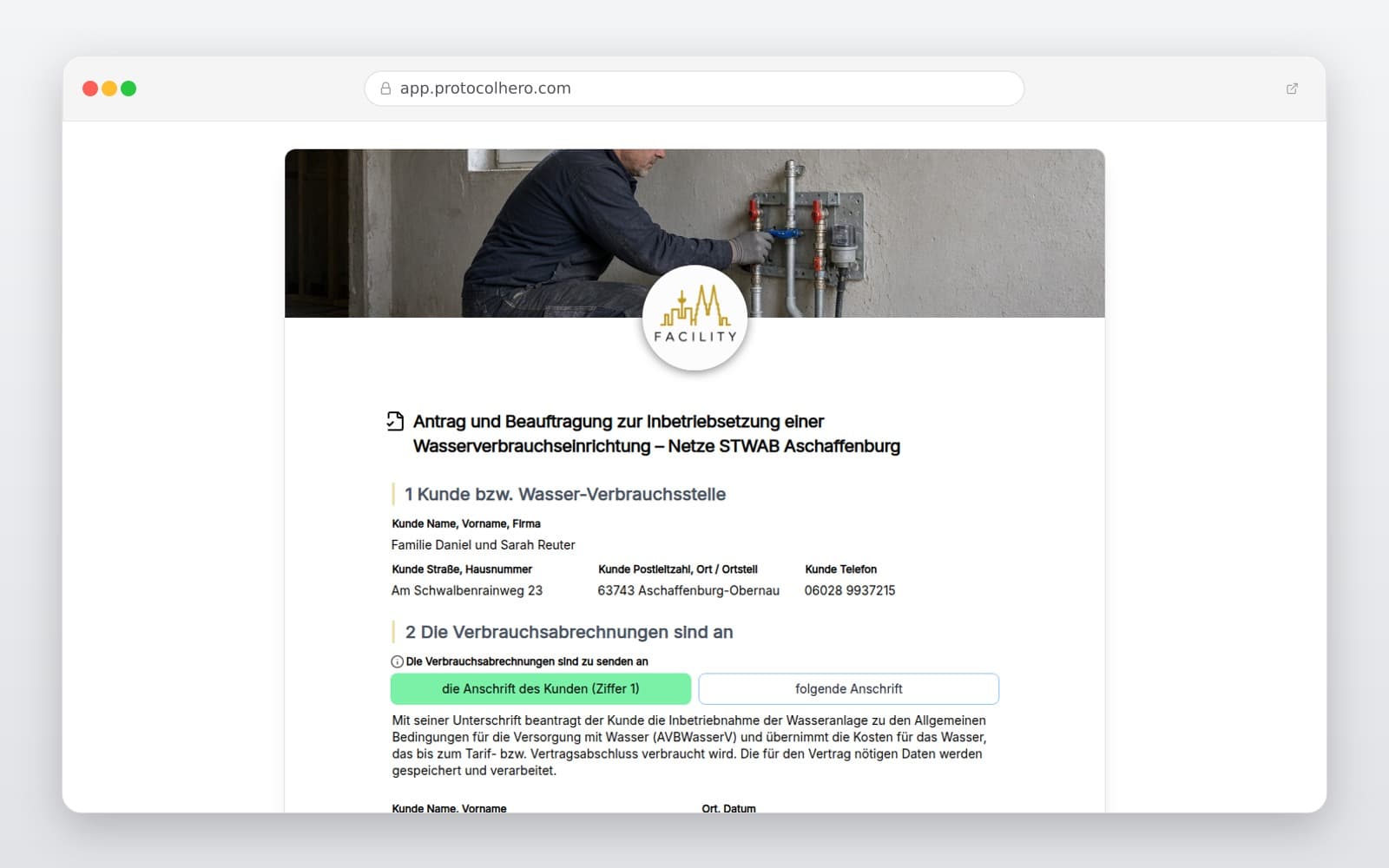 Vorschau der Vorlage „Antrag und Beauftragung zur Inbetriebsetzung einer Wasserverbrauchseinrichtung – Netze STWAB Aschaffenburg"