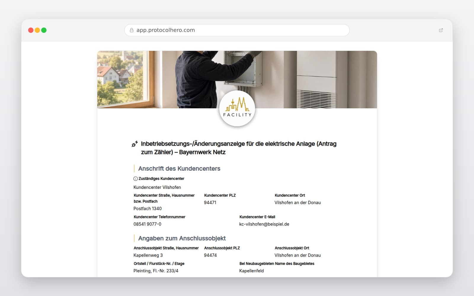 Vorschau der Vorlage „Inbetriebsetzungs-/Änderungsanzeige für die elektrische Anlage (Antrag zum Zähler) – Bayernwerk Netz"