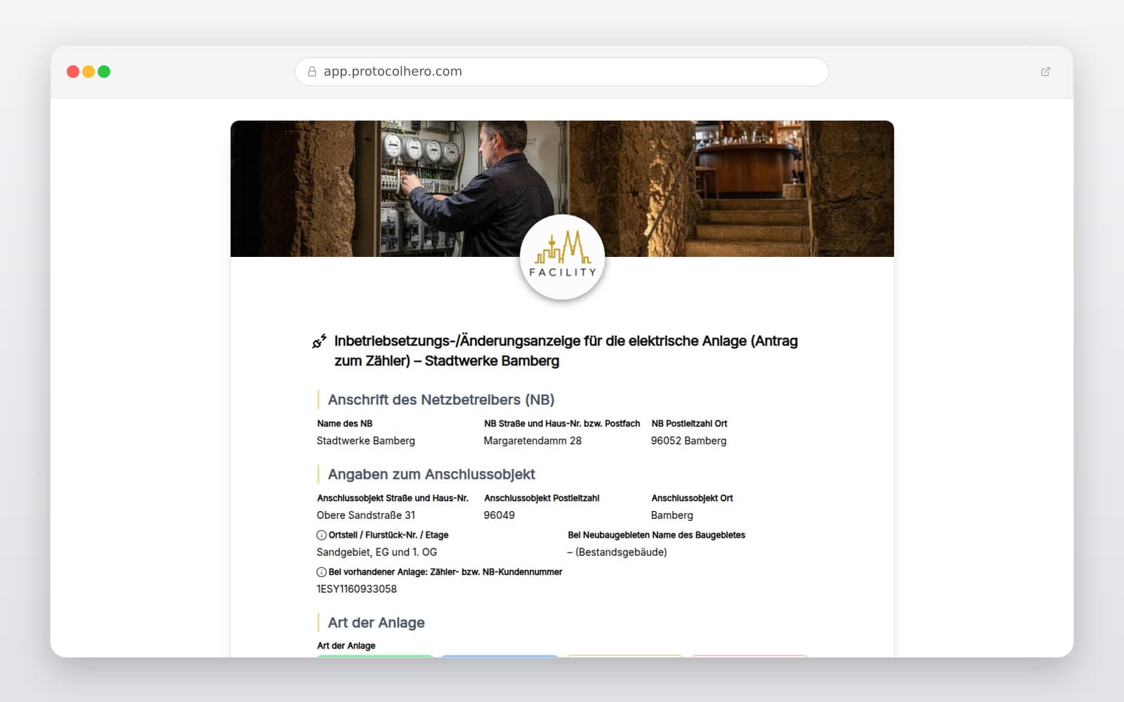 Vorschau der Vorlage „Inbetriebsetzungs-/Änderungsanzeige für die elektrische Anlage (Antrag zum Zähler) – Stadtwerke Bamberg"