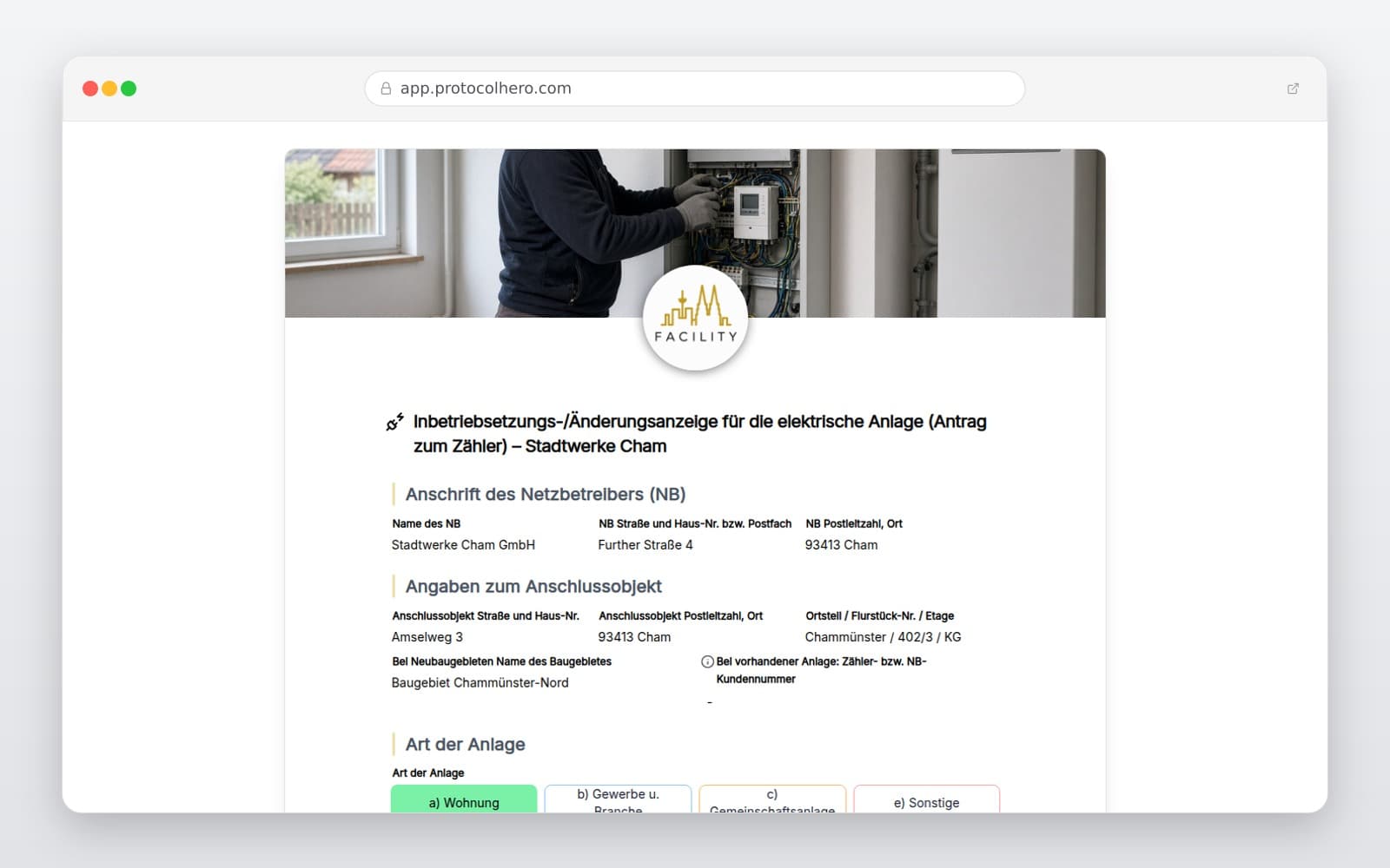 Vorschau der Vorlage „Inbetriebsetzungs-/Änderungsanzeige für die elektrische Anlage (Antrag zum Zähler) – Stadtwerke Cham"