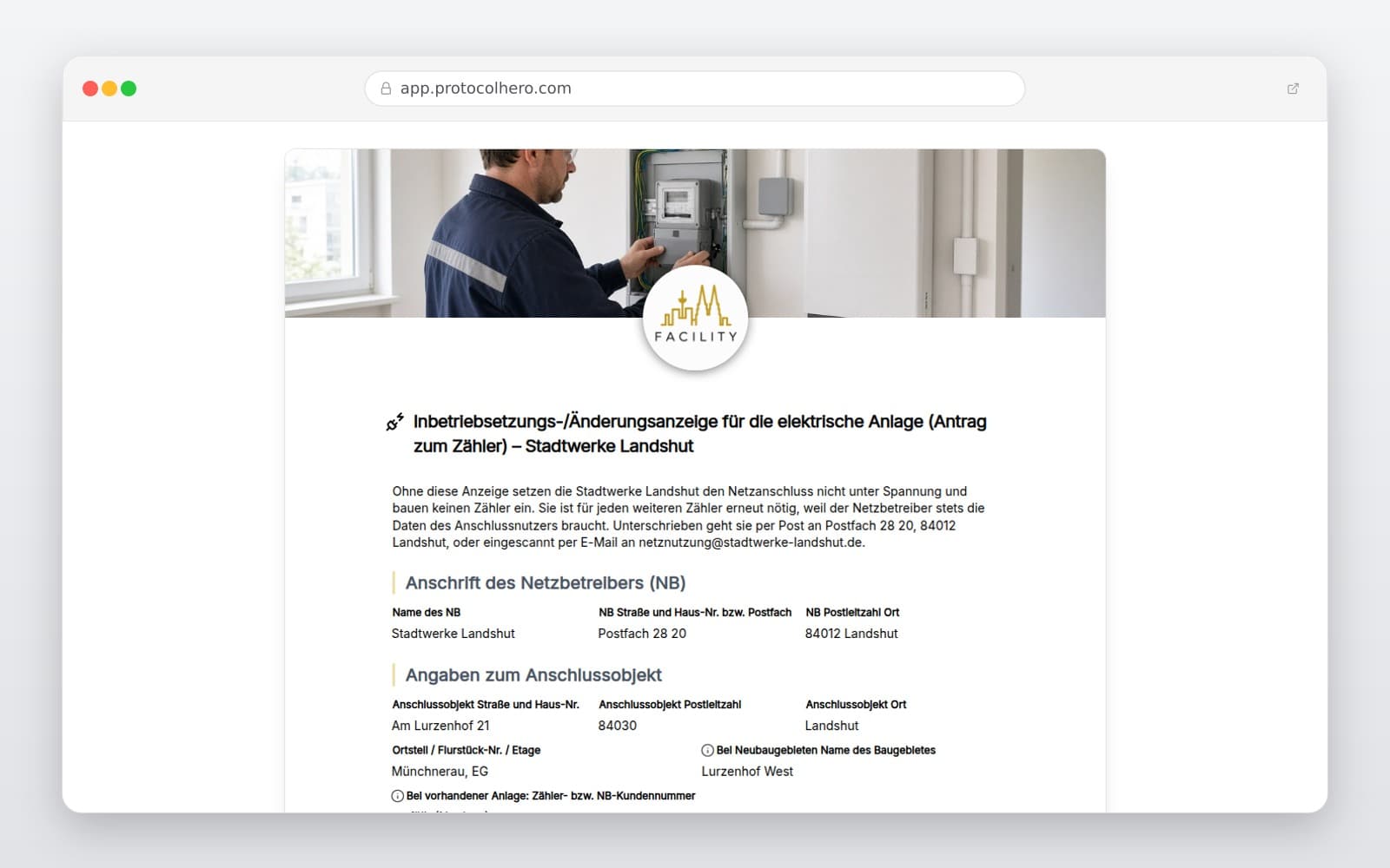 Vorschau der Vorlage „Inbetriebsetzungs-/Änderungsanzeige für die elektrische Anlage (Antrag zum Zähler) – Stadtwerke Landshut"