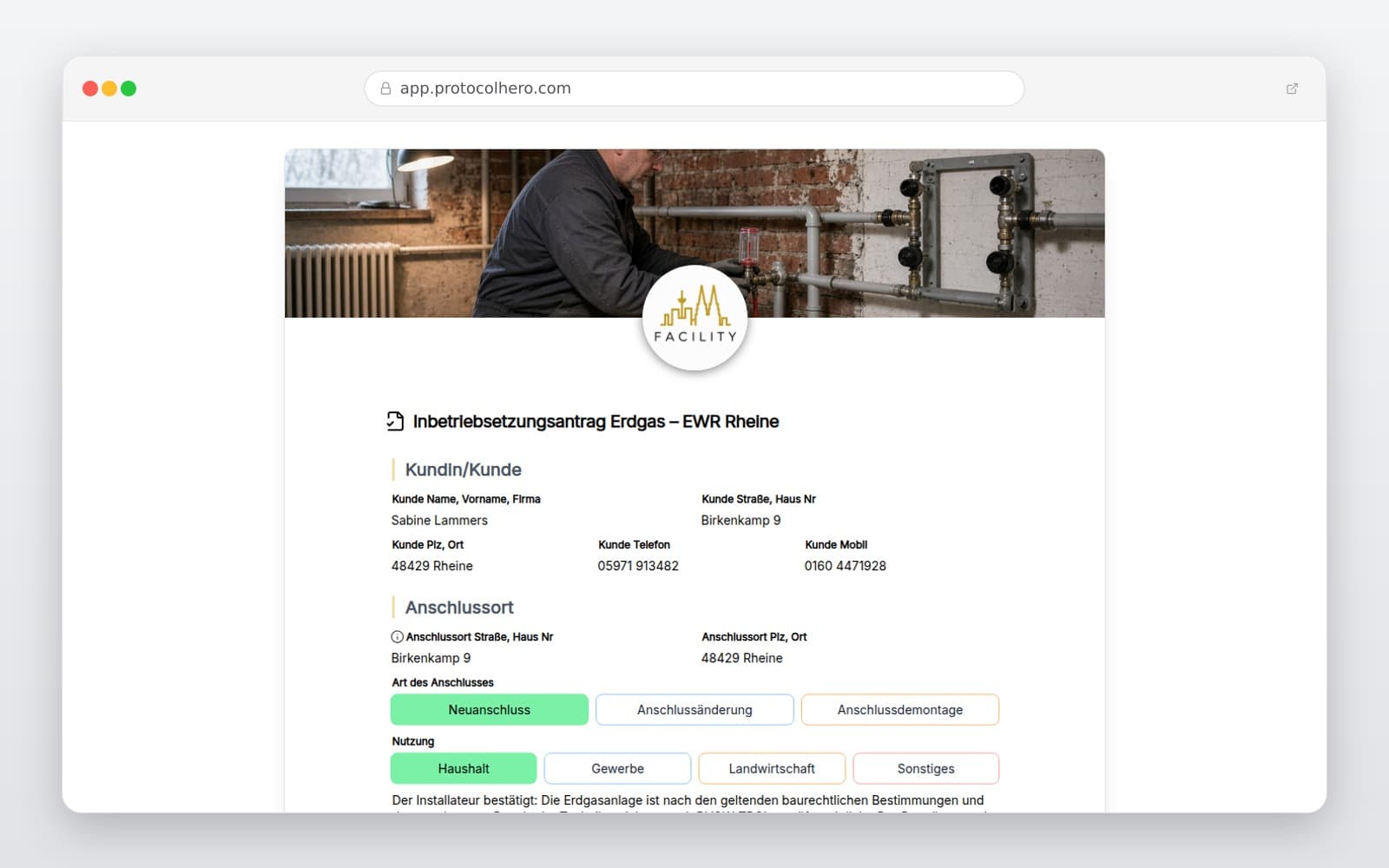 Vorschau der Vorlage „Inbetriebsetzungsantrag Erdgas – EWR Rheine"