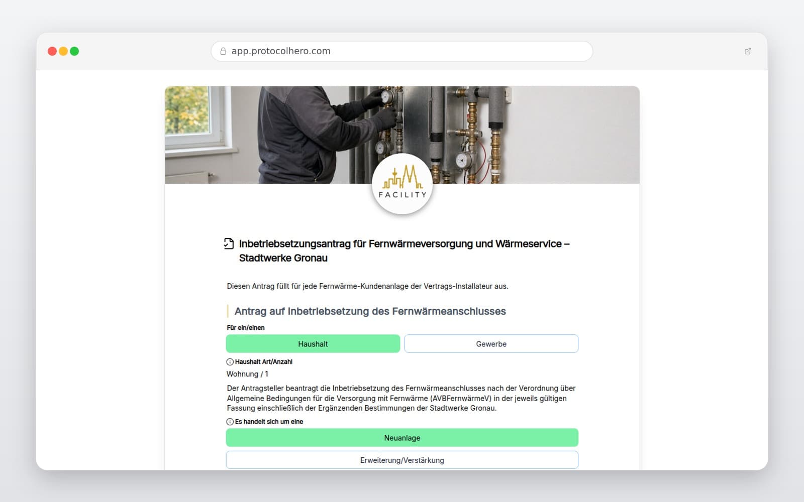 Vorschau der Vorlage „Inbetriebsetzungsantrag für Fernwärmeversorgung und Wärmeservice – Stadtwerke Gronau"