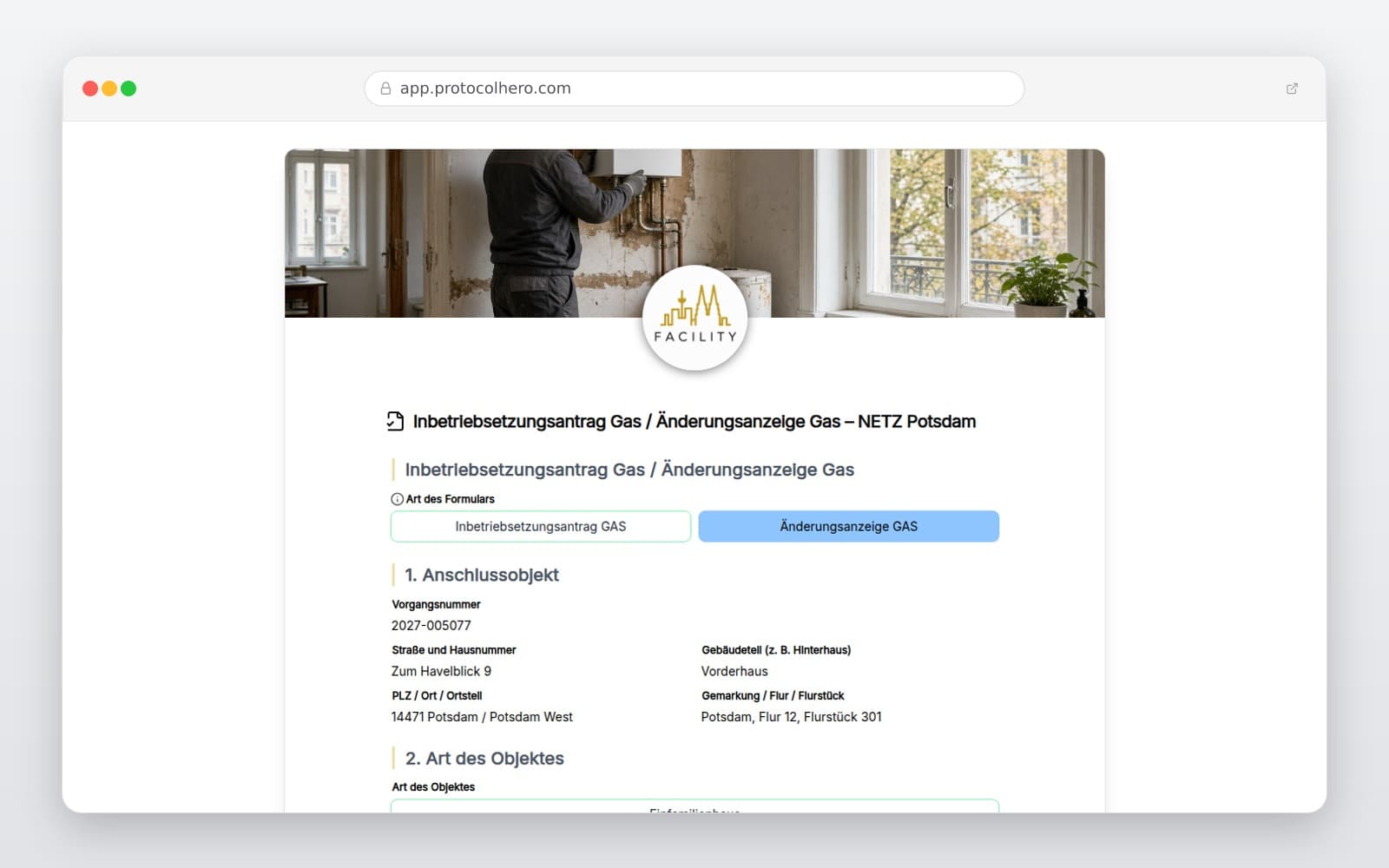Vorschau der Vorlage „Inbetriebsetzungsantrag Gas / Änderungsanzeige Gas – NETZ Potsdam"