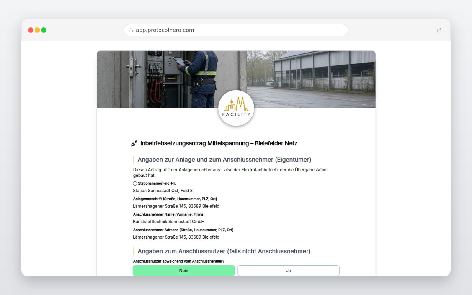 Vorschau der Vorlage „Inbetriebsetzungsantrag Mittelspannung – Bielefelder Netz"