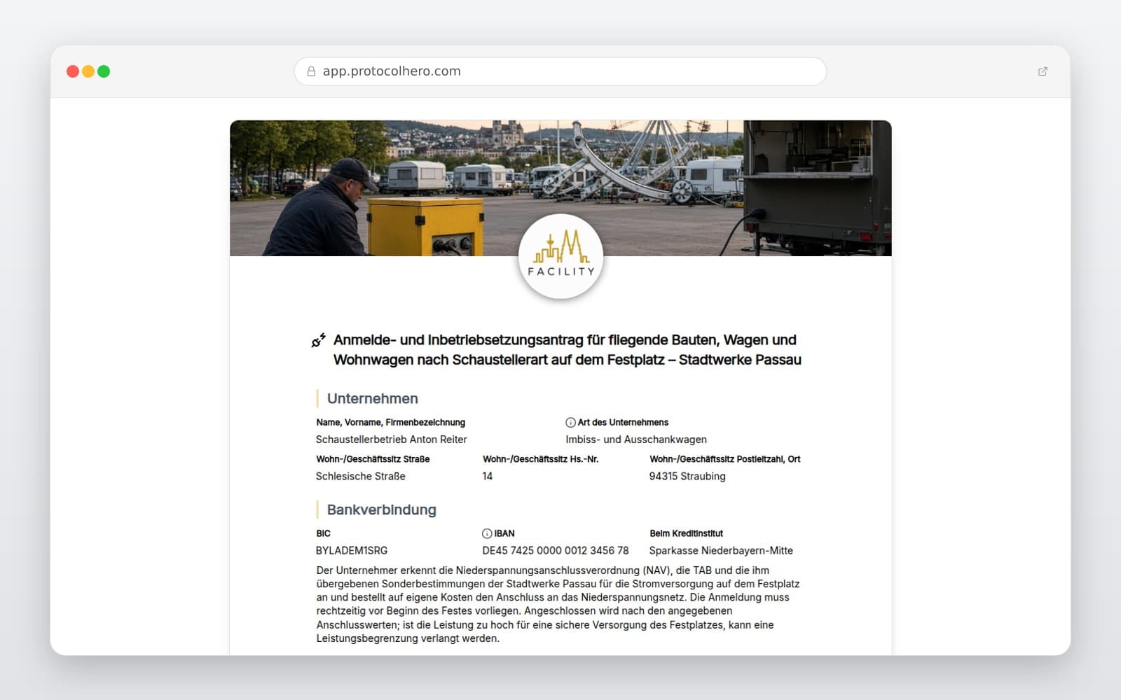 Vorschau der Vorlage „Anmelde- und Inbetriebsetzungsantrag für fliegende Bauten, Wagen und Wohnwagen nach Schaustellerart auf dem Festplatz – Stadtwerke Passau"