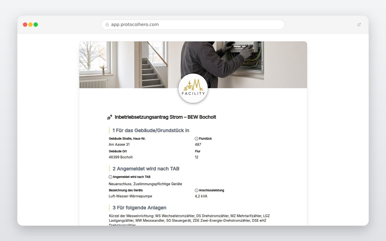 Vorschau der Vorlage „Inbetriebsetzungsantrag Strom – BEW Bocholt"