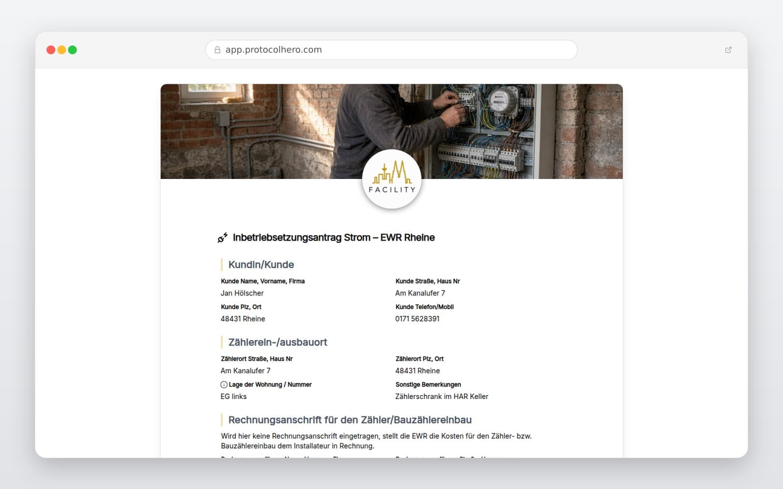 Vorschau der Vorlage „Inbetriebsetzungsantrag Strom – EWR Rheine"