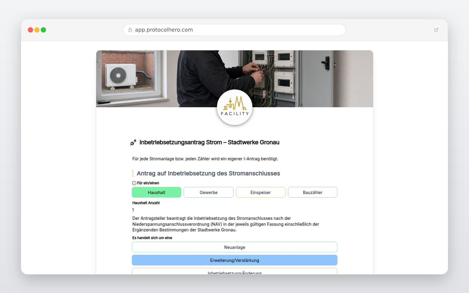Vorschau der Vorlage „Inbetriebsetzungsantrag Strom – Stadtwerke Gronau"