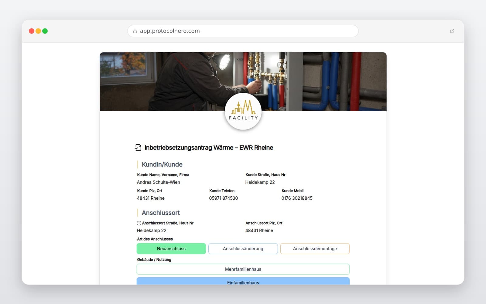 Vorschau der Vorlage „Inbetriebsetzungsantrag Wärme – EWR Rheine"