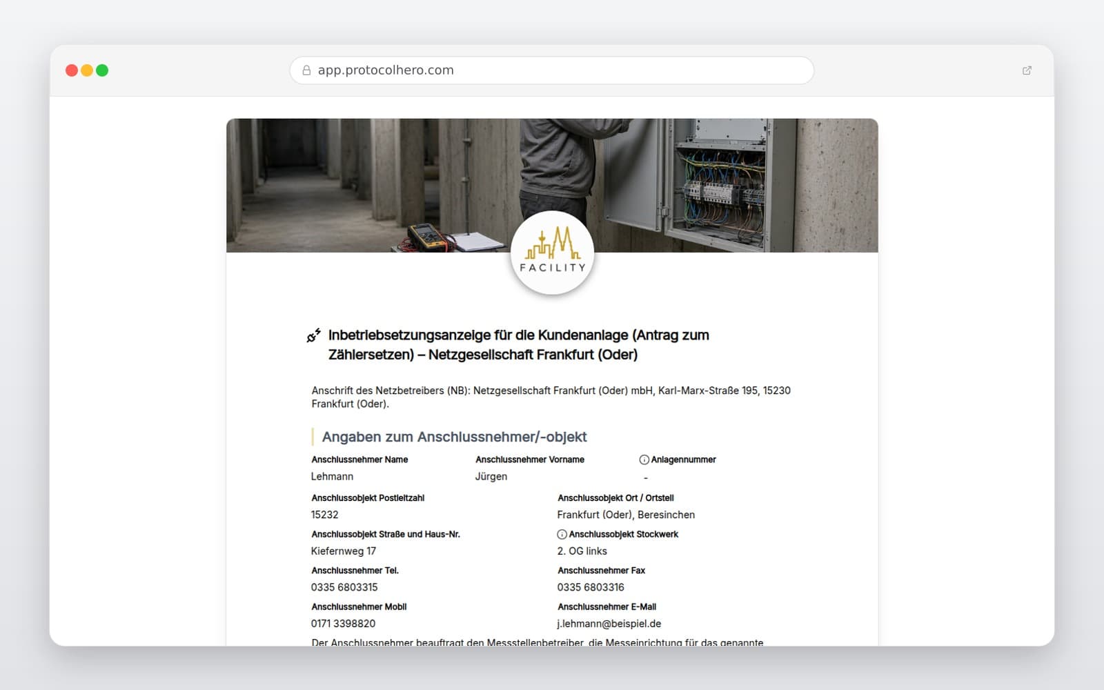 Vorschau der Vorlage „Inbetriebsetzungsanzeige für die Kundenanlage (Antrag zum Zählersetzen) – Netzgesellschaft Frankfurt (Oder)"