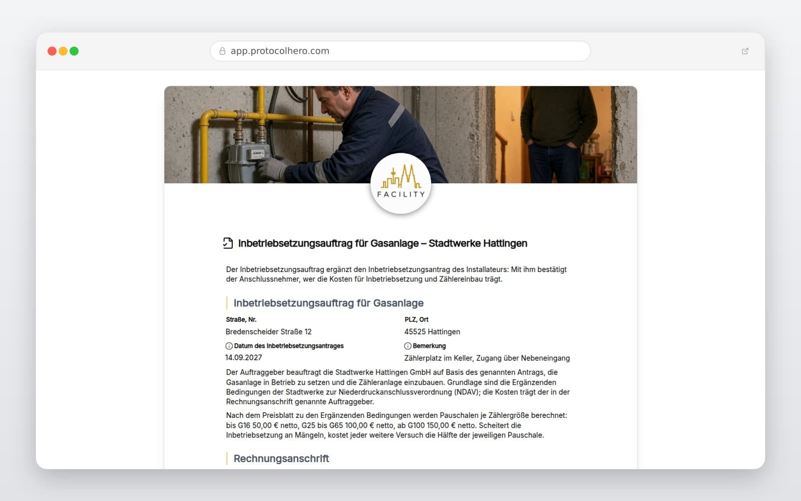 Vorschau der Vorlage „Inbetriebsetzungsauftrag für Gasanlage – Stadtwerke Hattingen"