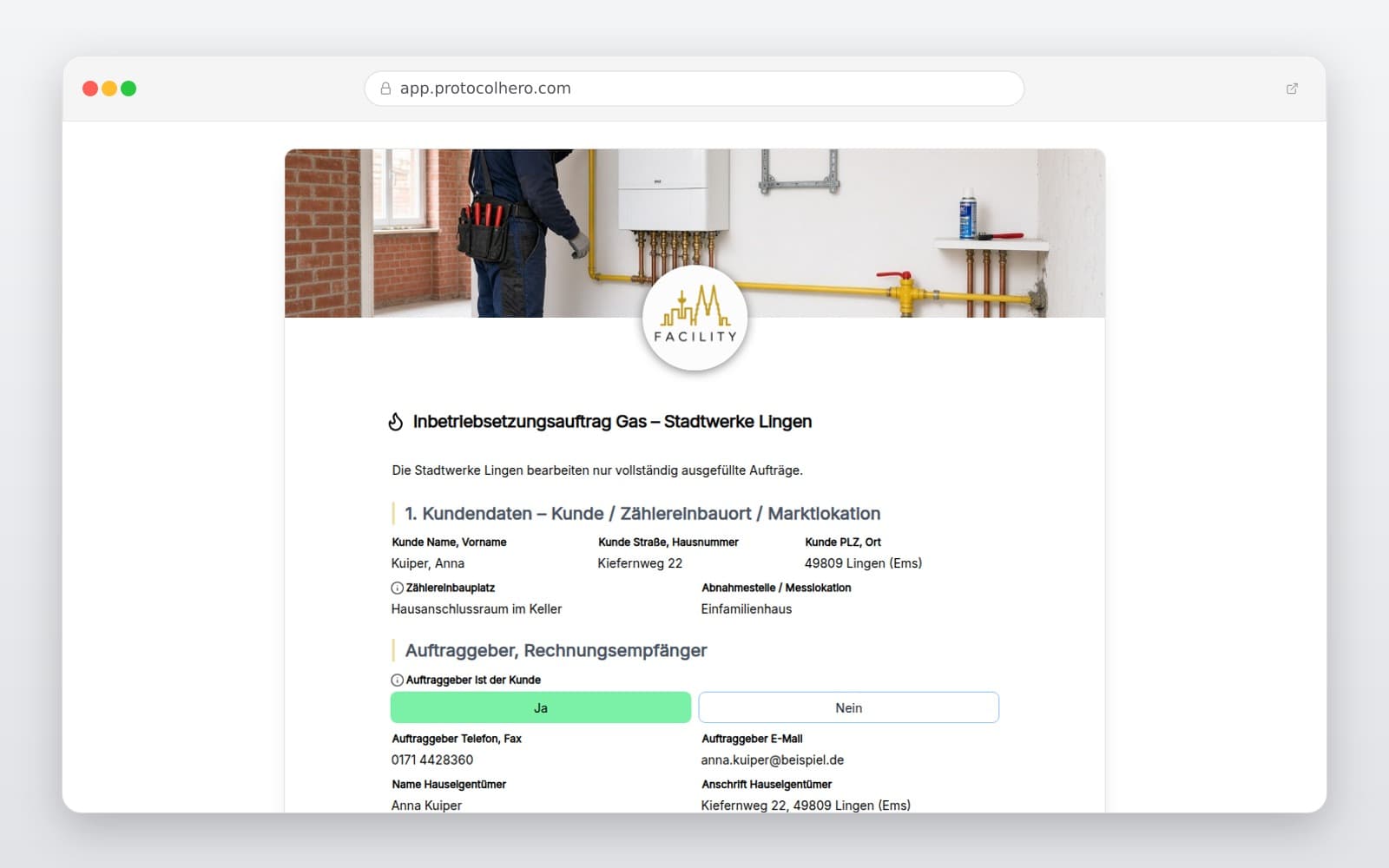 Vorschau der Vorlage „Inbetriebsetzungsauftrag Gas – Stadtwerke Lingen"