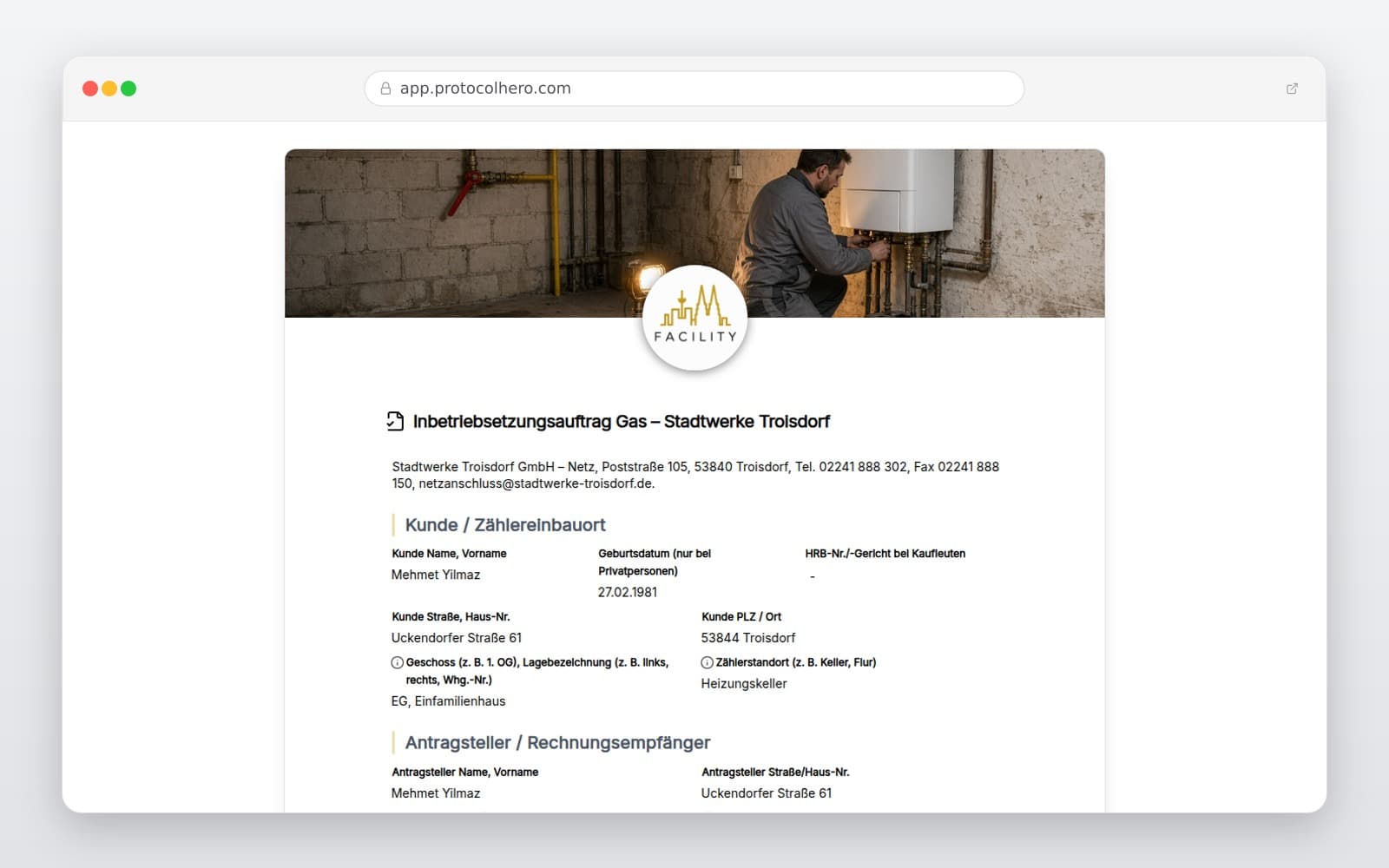 Vorschau der Vorlage „Inbetriebsetzungsauftrag Gas – Stadtwerke Troisdorf"