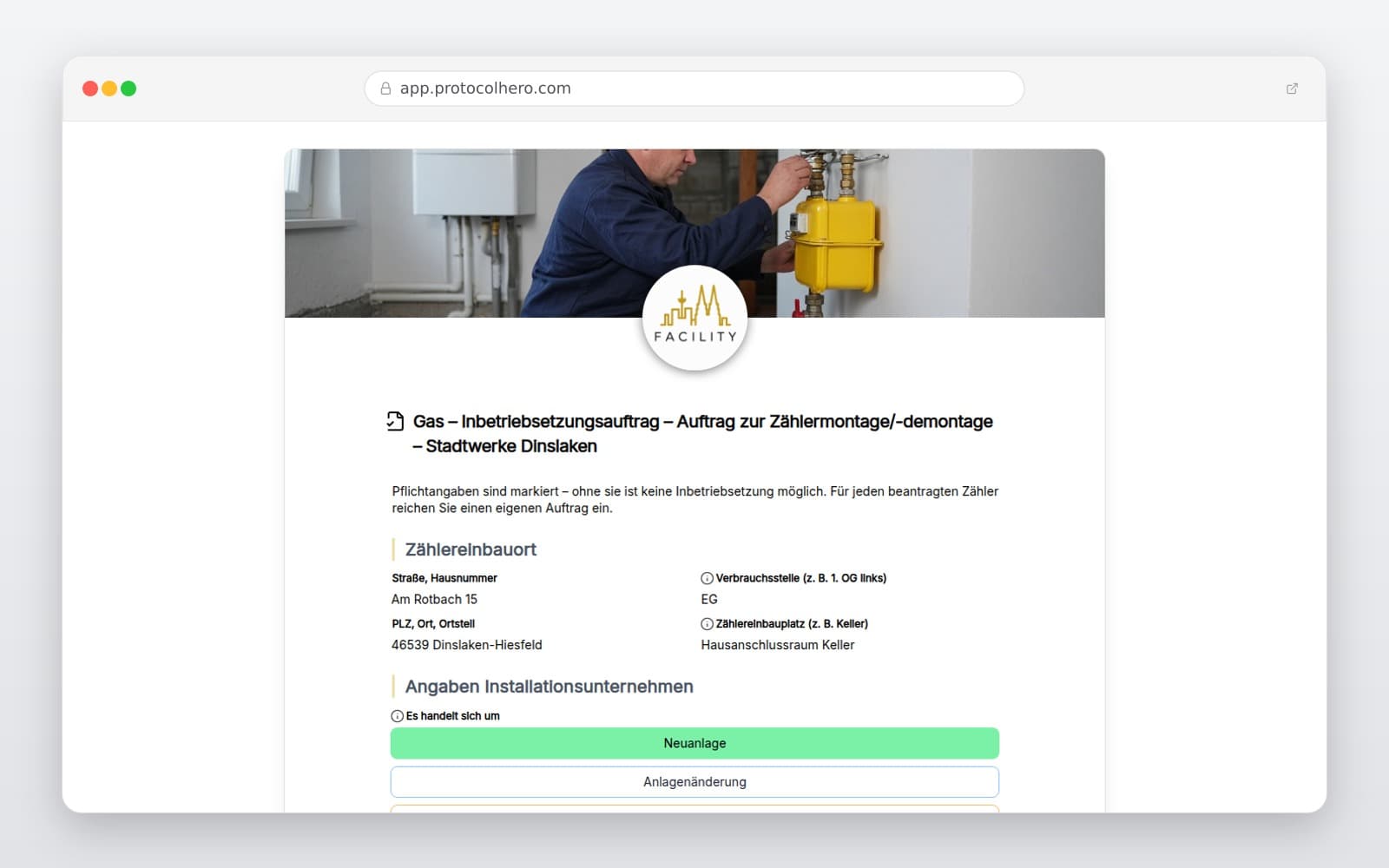 Vorschau der Vorlage „Gas – Inbetriebsetzungsauftrag – Auftrag zur Zählermontage/-demontage – Stadtwerke Dinslaken"