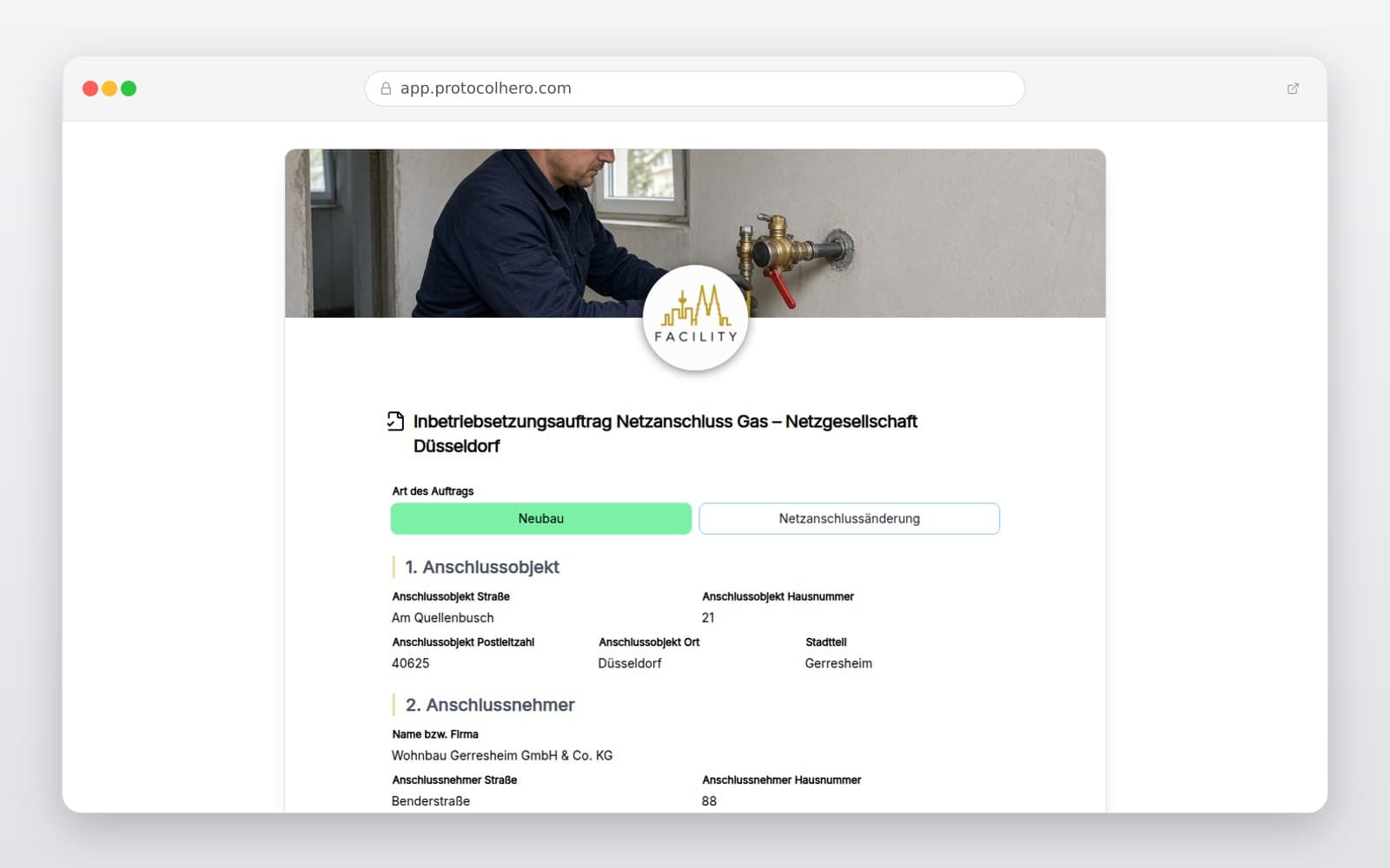 Vorschau der Vorlage „Inbetriebsetzungsauftrag Netzanschluss Gas – Netzgesellschaft Düsseldorf"