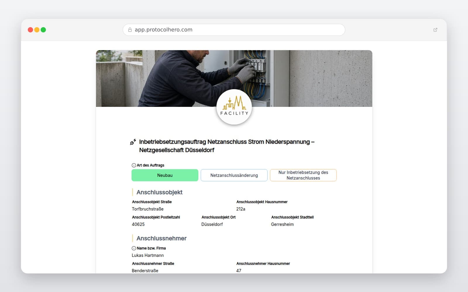 Vorschau der Vorlage „Inbetriebsetzungsauftrag Netzanschluss Strom Niederspannung – Netzgesellschaft Düsseldorf"