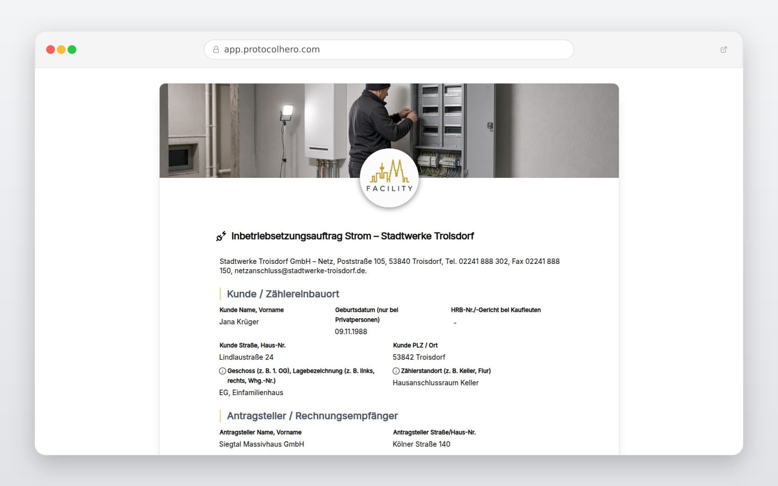 Vorschau der Vorlage „Inbetriebsetzungsauftrag Strom – Stadtwerke Troisdorf"