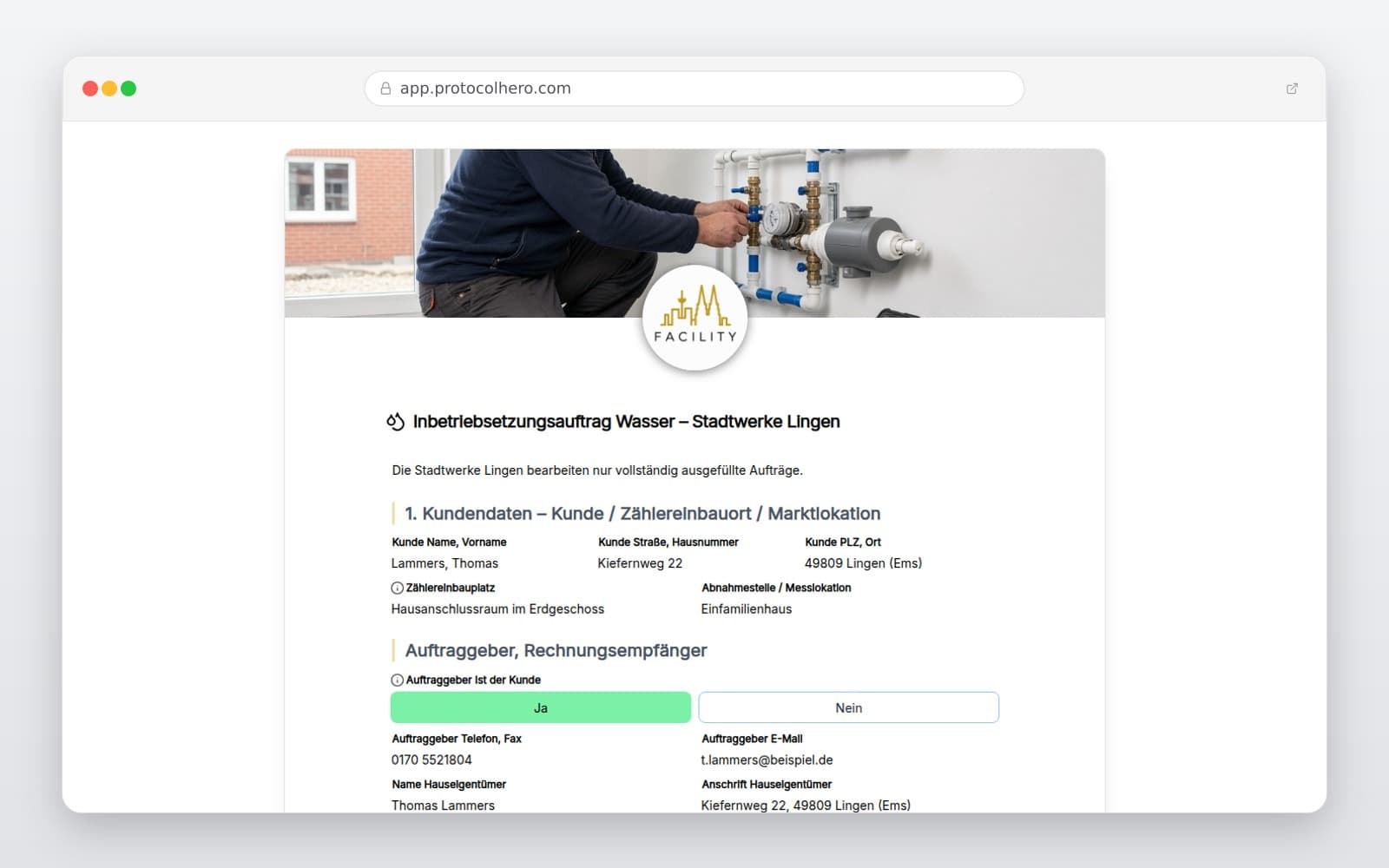 Vorschau der Vorlage „Inbetriebsetzungsauftrag Wasser – Stadtwerke Lingen"