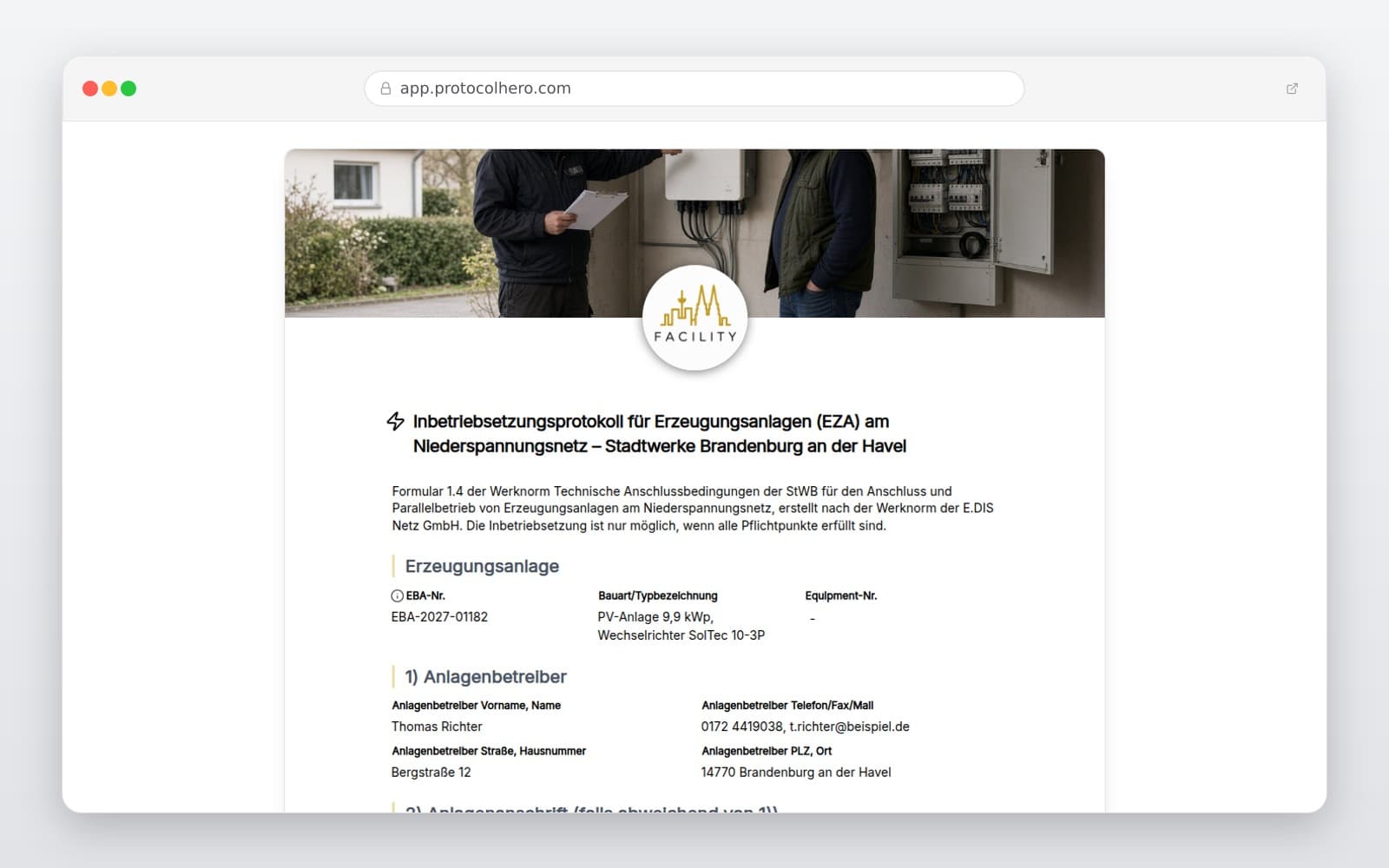 Vorschau der Vorlage „Inbetriebsetzungsprotokoll für Erzeugungsanlagen (EZA) am Niederspannungsnetz – Stadtwerke Brandenburg an der Havel"