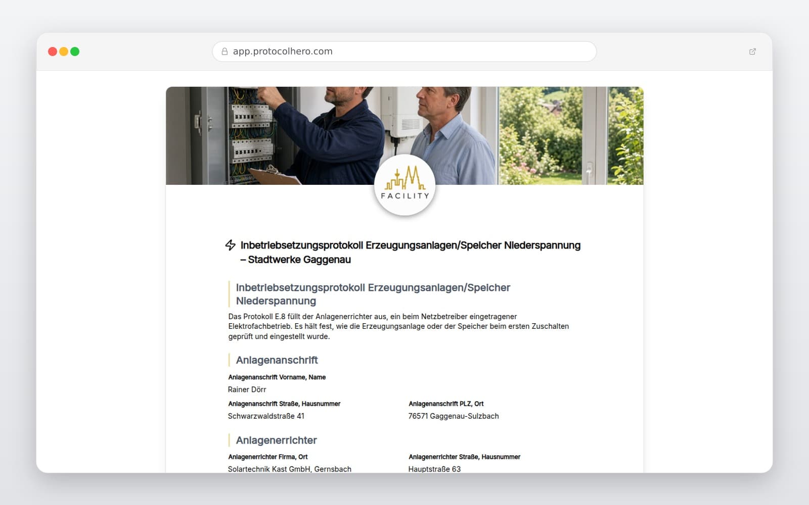 Vorschau der Vorlage „Inbetriebsetzungsprotokoll Erzeugungsanlagen/Speicher Niederspannung – Stadtwerke Gaggenau"