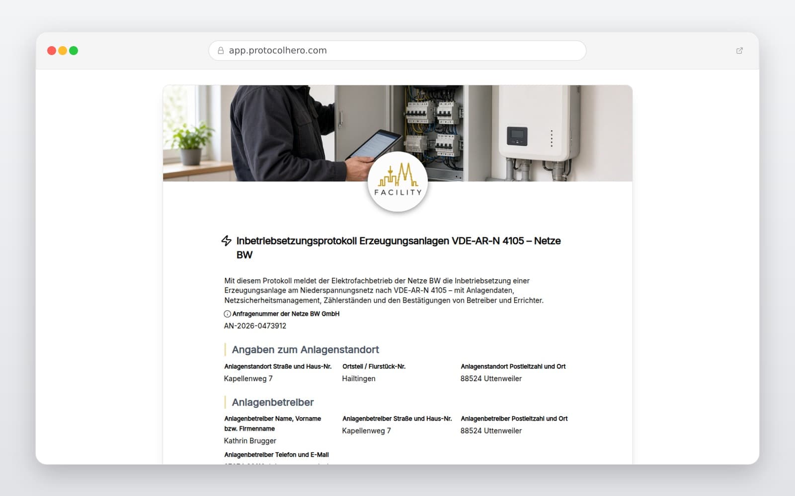 Vorschau der Vorlage „Inbetriebsetzungsprotokoll Erzeugungsanlagen VDE-AR-N 4105 – Netze BW"