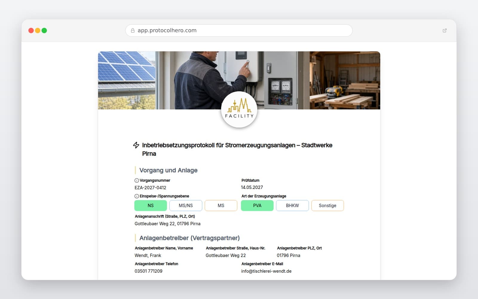 Vorschau der Vorlage „Inbetriebsetzungsprotokoll für Stromerzeugungsanlagen – Stadtwerke Pirna"