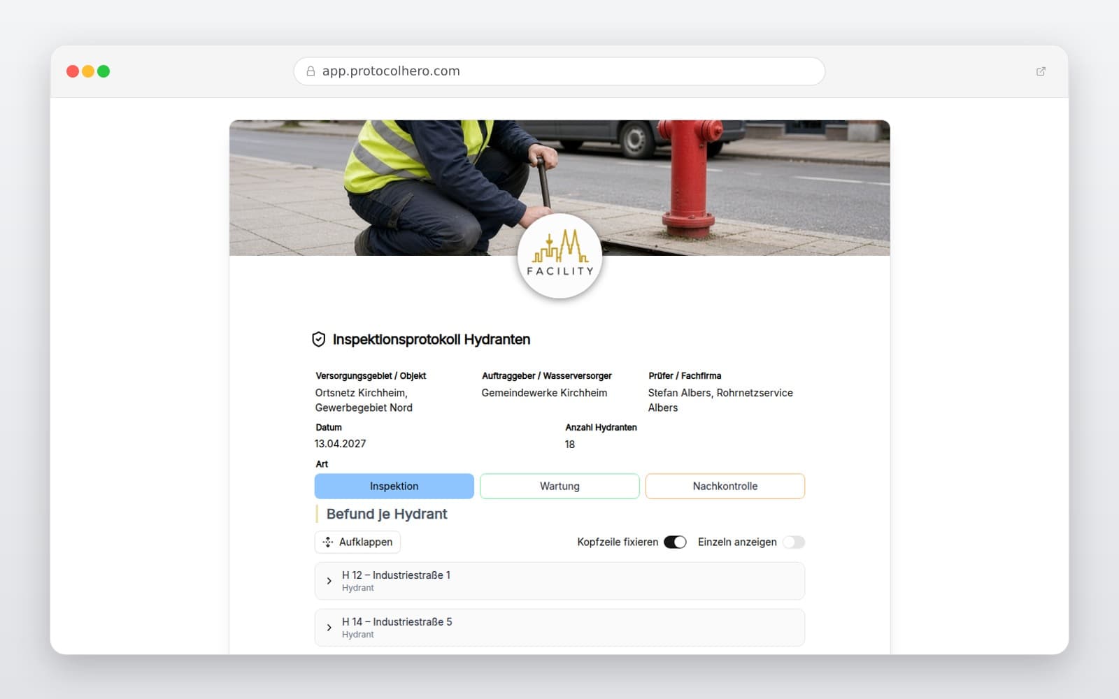 Vorschau der Vorlage „Inspektionsprotokoll Hydranten"