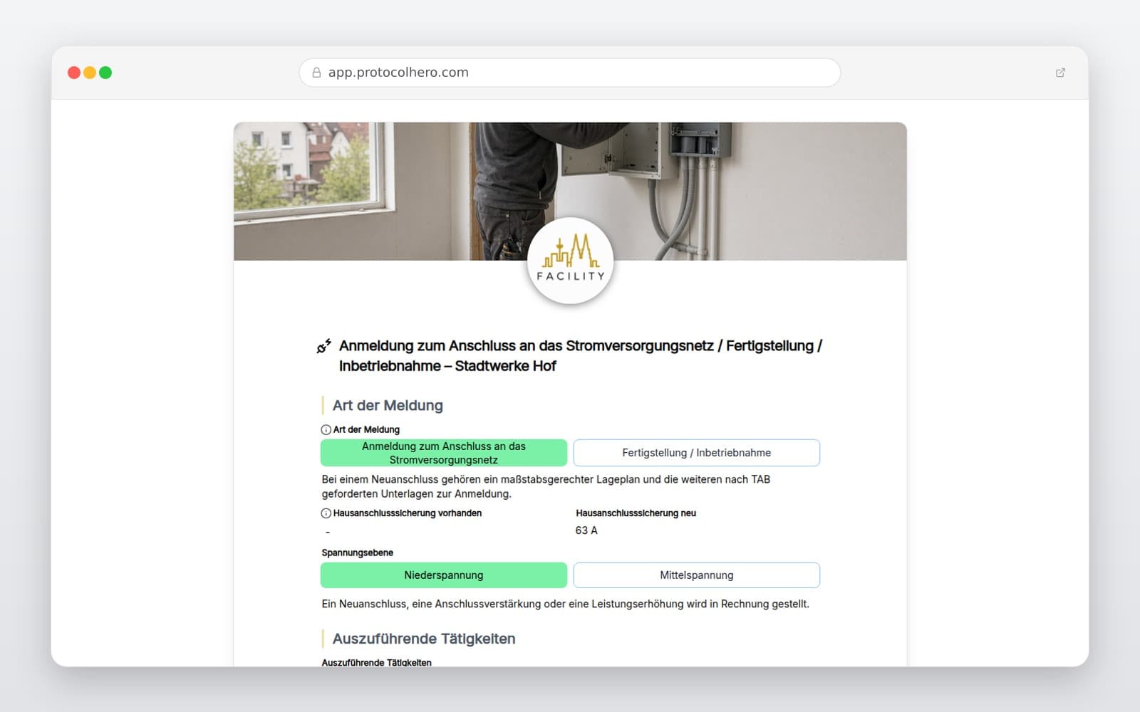 Vorschau der Vorlage „Anmeldung zum Anschluss an das Stromversorgungsnetz / Fertigstellung / Inbetriebnahme – Stadtwerke Hof"