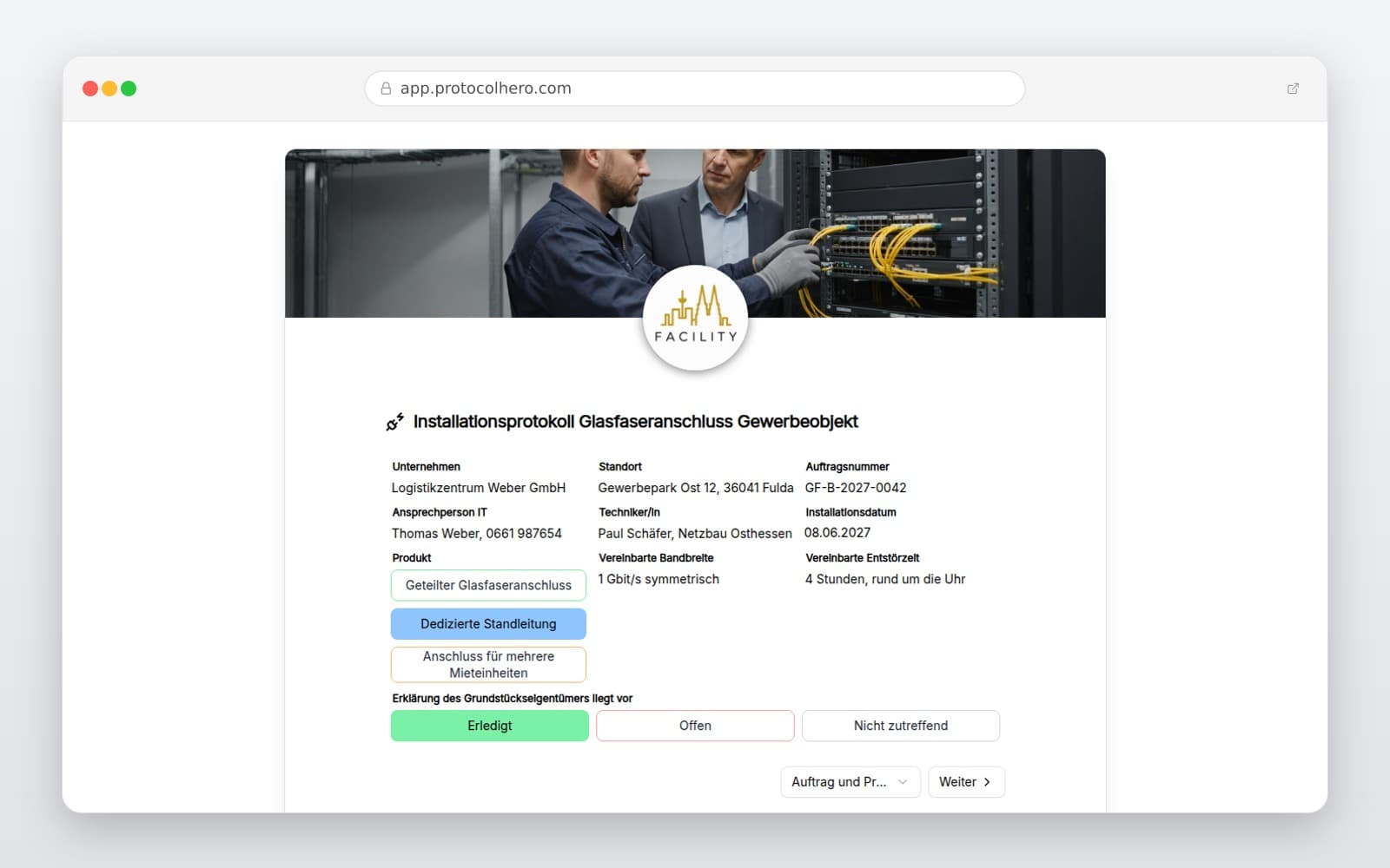 Vorschau der Vorlage „Installationsprotokoll Glasfaseranschluss Gewerbeobjekt"
