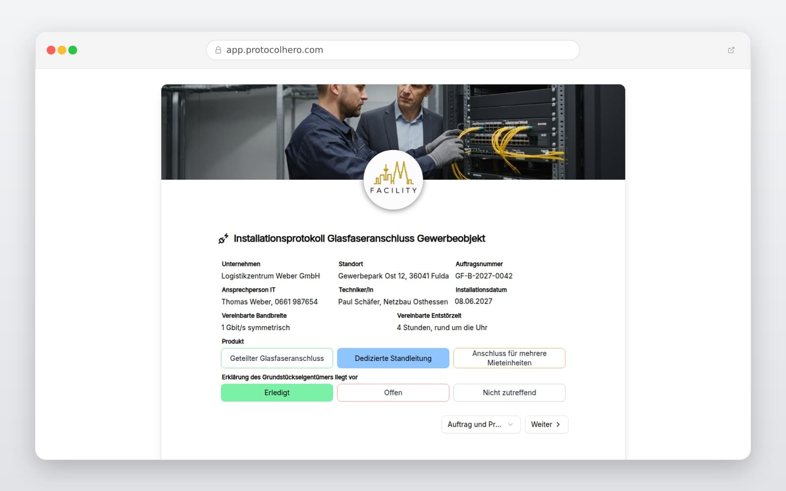 Vorschau der Vorlage „Installationsprotokoll Glasfaseranschluss Gewerbeobjekt"