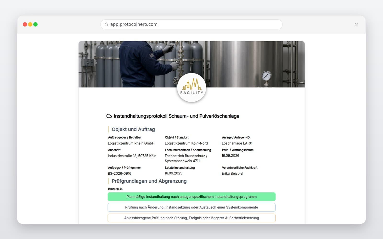 Vorschau der Vorlage „Instandhaltungsprotokoll Schaum- und Pulverlöschanlage"