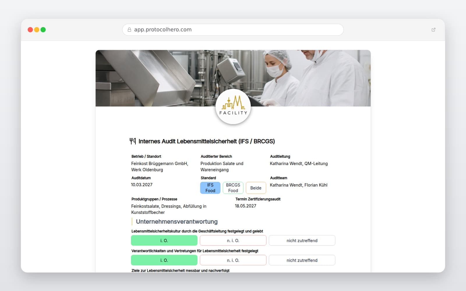 Vorschau der Vorlage „Internes Audit Lebensmittelsicherheit (IFS / BRCGS)"