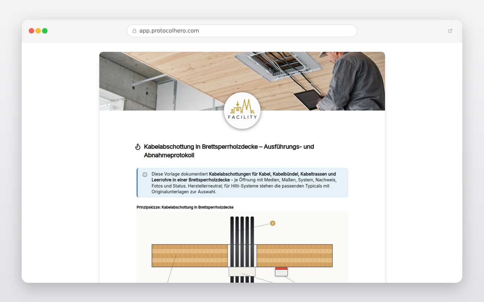 Vorschau der Vorlage „Kabelabschottung in Brettsperrholzdecke – Ausführungs- und Abnahmeprotokoll"