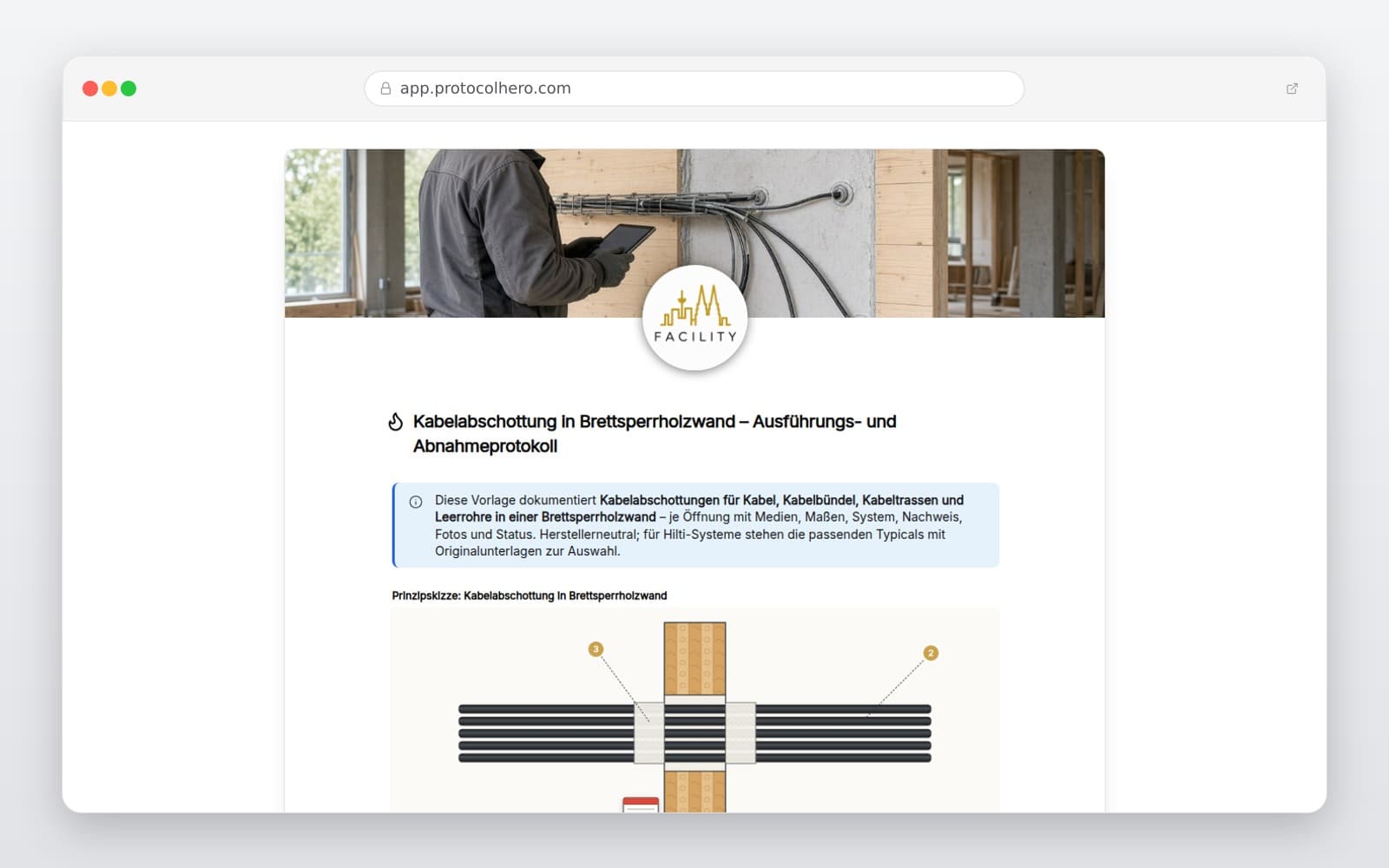 Vorschau der Vorlage „Kabelabschottung in Brettsperrholzwand – Ausführungs- und Abnahmeprotokoll"