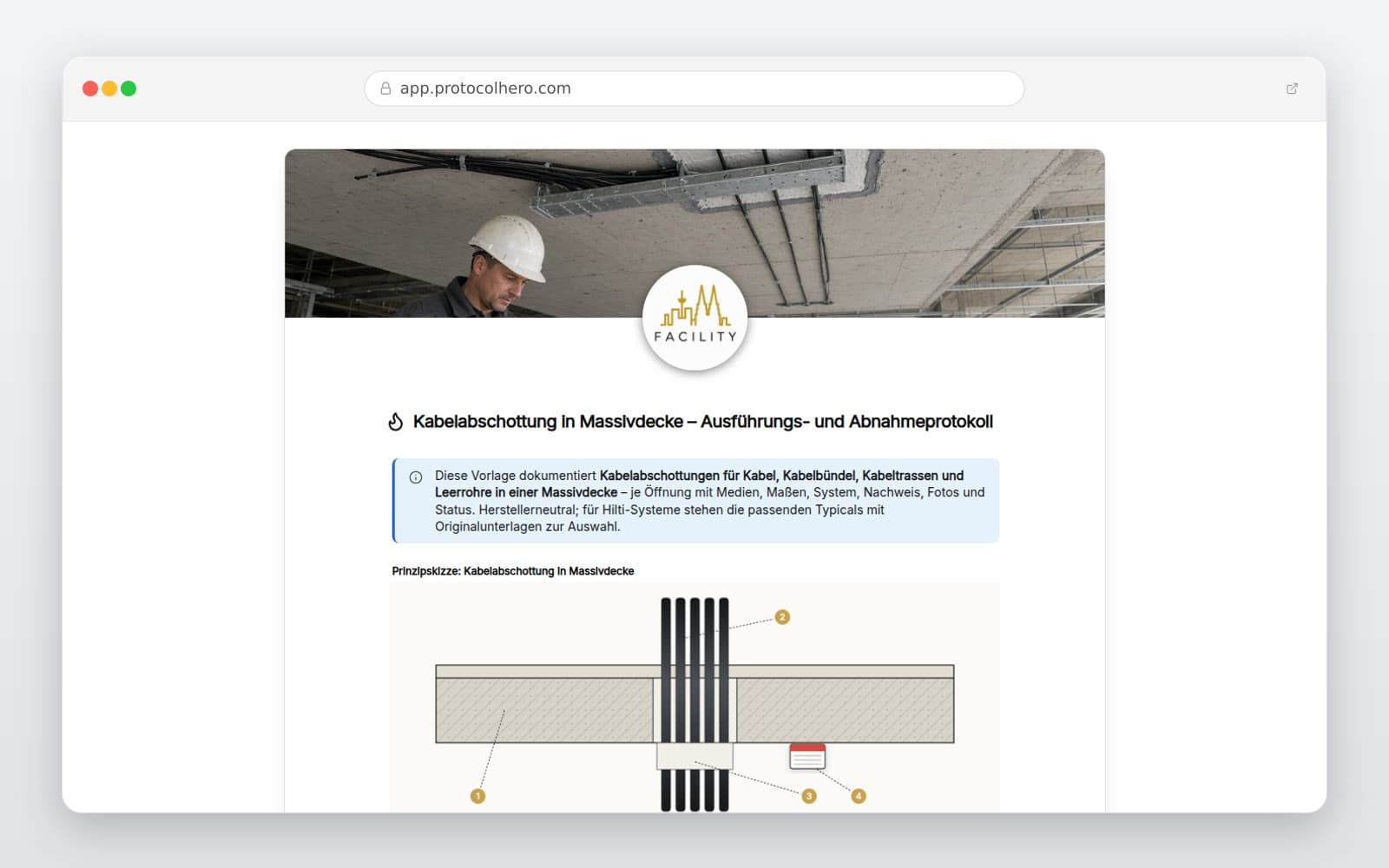 Vorschau der Vorlage „Kabelabschottung in Massivdecke – Ausführungs- und Abnahmeprotokoll"
