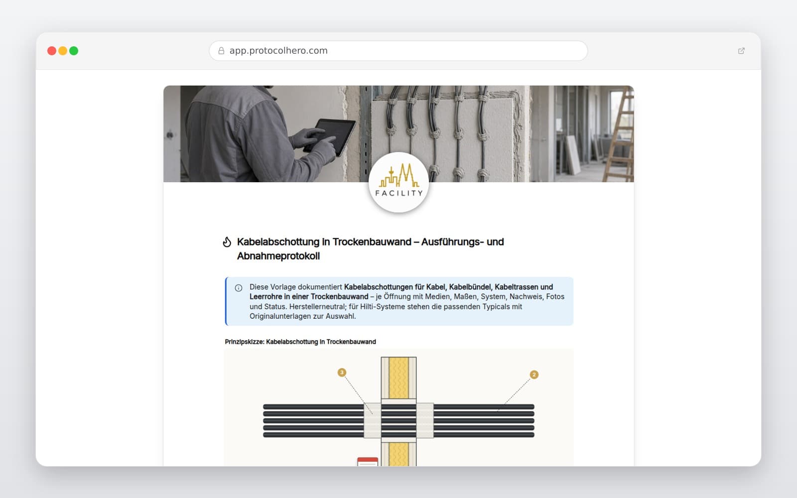 Vorschau der Vorlage „Kabelabschottung in Trockenbauwand – Ausführungs- und Abnahmeprotokoll"