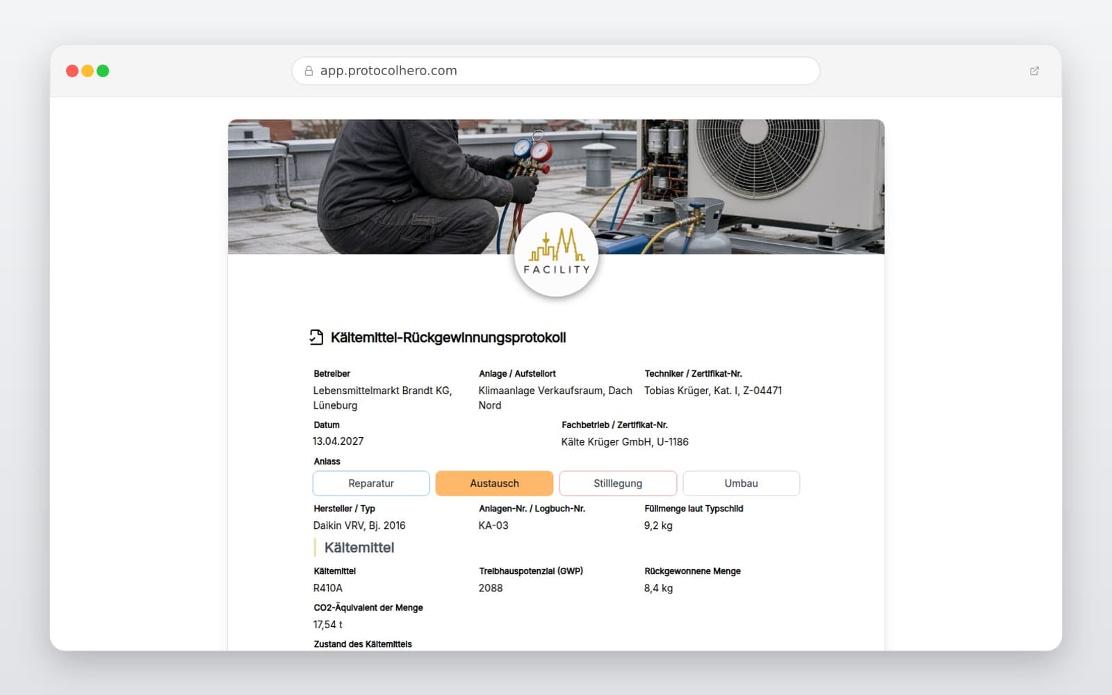 Vorschau der Vorlage „Kältemittel-Rückgewinnungsprotokoll"