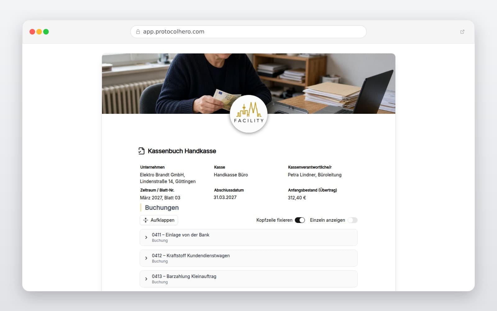 Vorschau der Vorlage „Kassenbuch Handkasse"