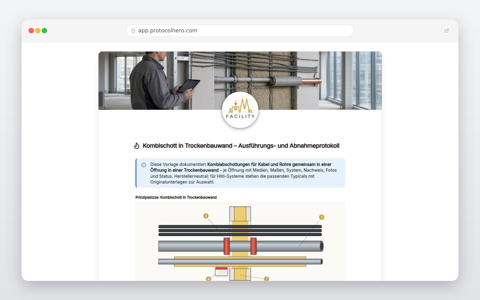 Vorschau der Vorlage „Kombischott in Trockenbauwand – Ausführungs- und Abnahmeprotokoll"