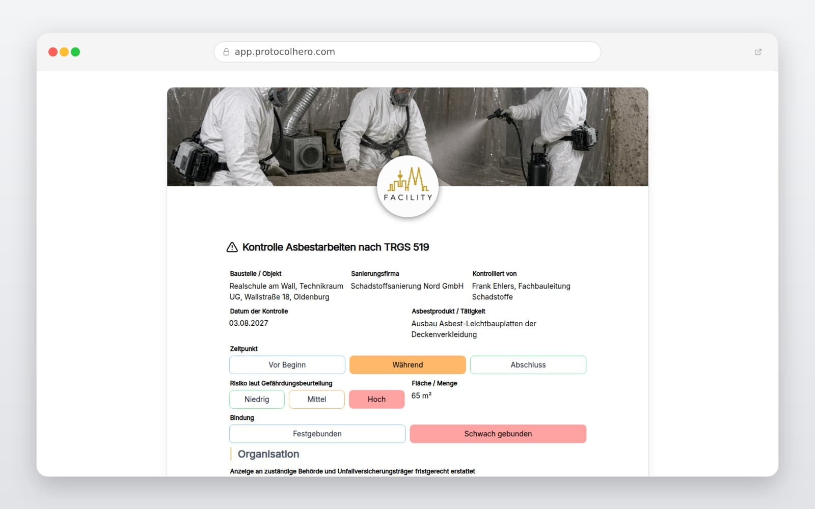 Vorschau der Vorlage „Kontrolle Asbestarbeiten nach TRGS 519"