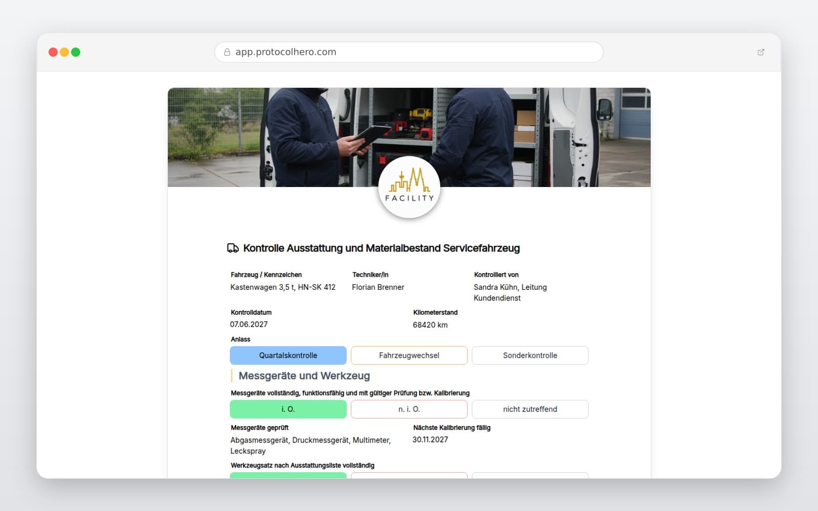 Vorschau der Vorlage „Kontrolle Ausstattung und Materialbestand Servicefahrzeug"