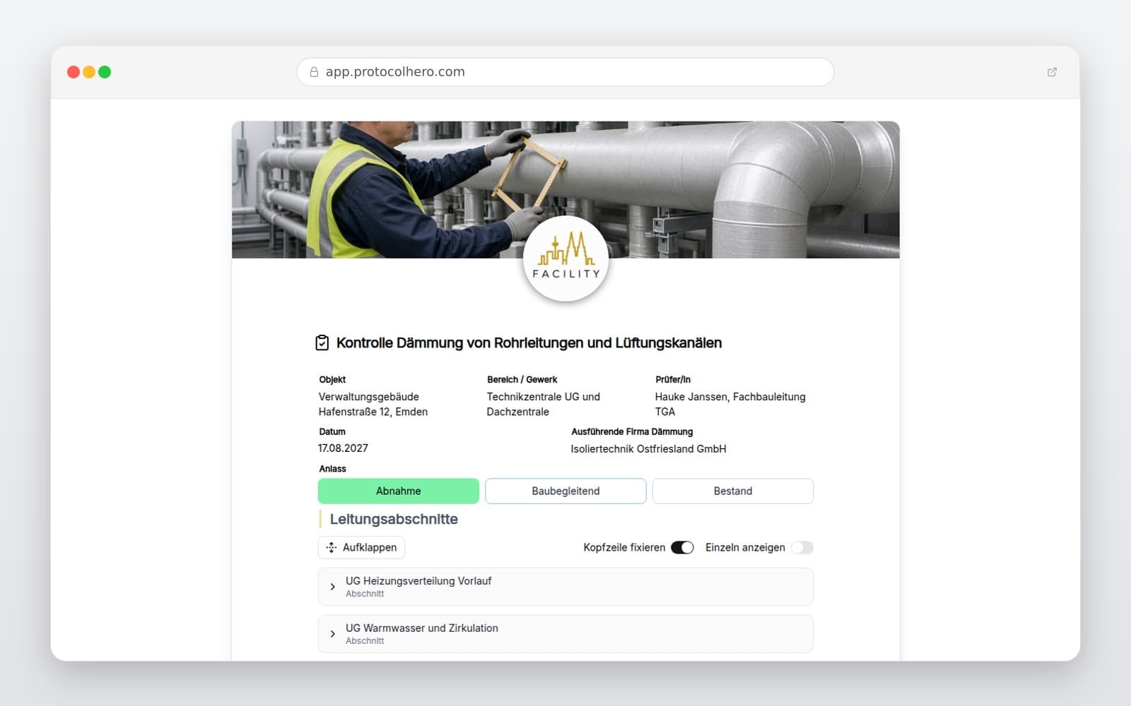 Vorschau der Vorlage „Kontrolle Dämmung von Rohrleitungen und Lüftungskanälen"