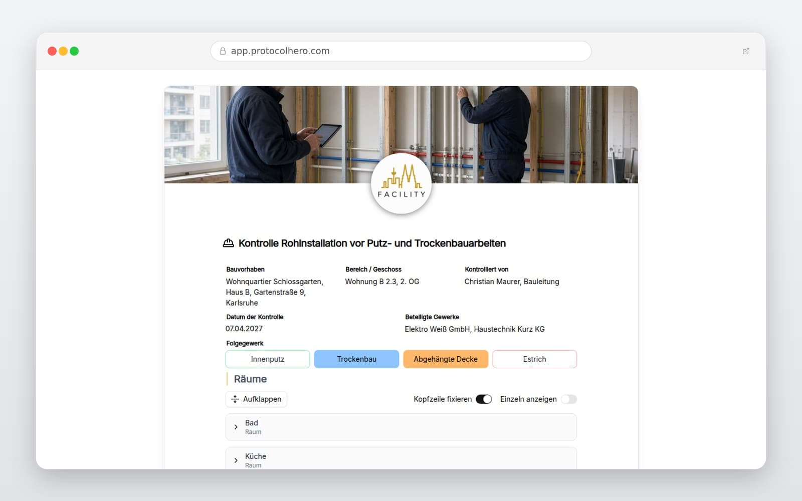 Vorschau der Vorlage „Kontrolle Rohinstallation vor Putz- und Trockenbauarbeiten"