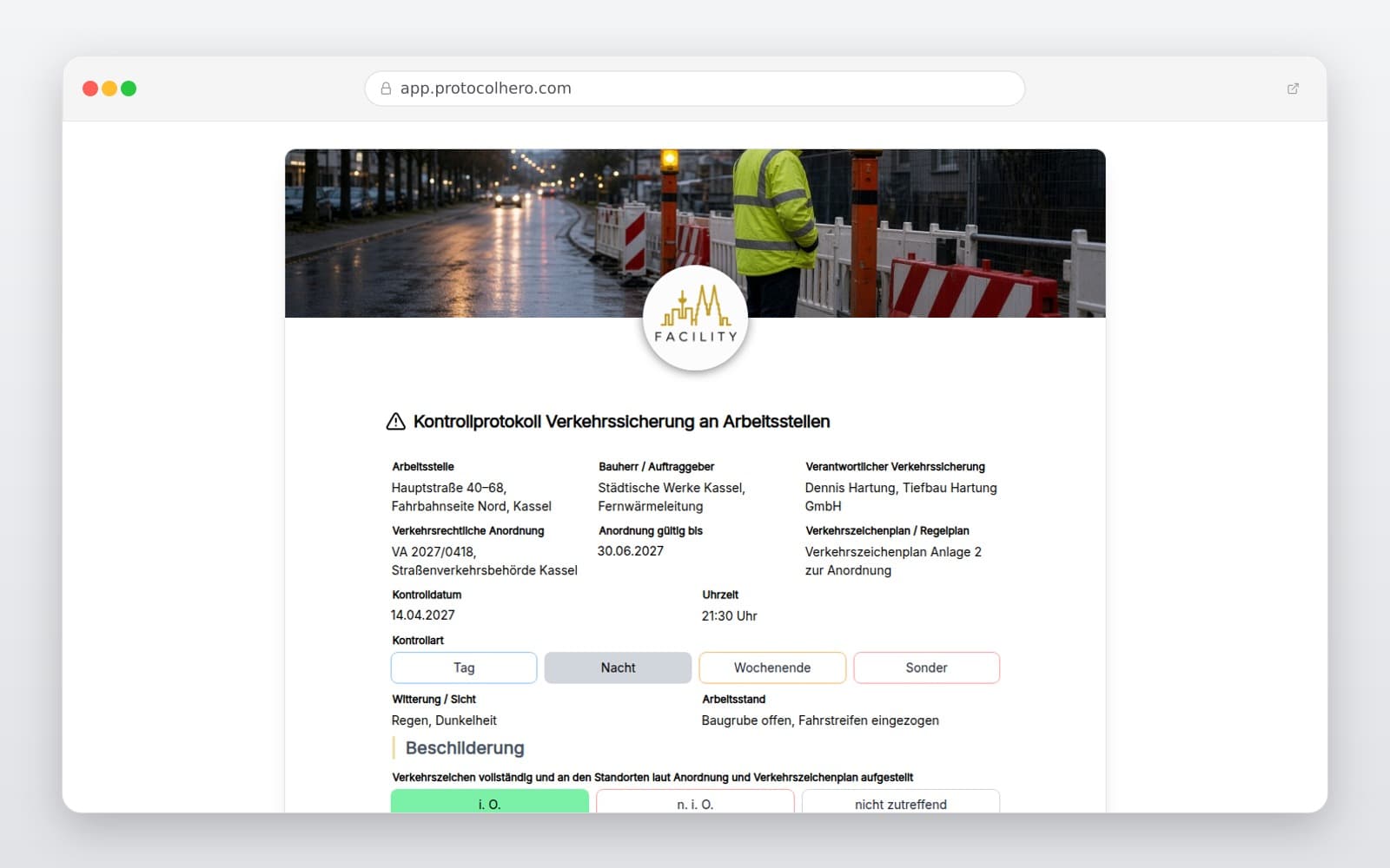 Vorschau der Vorlage „Kontrollprotokoll Verkehrssicherung an Arbeitsstellen"