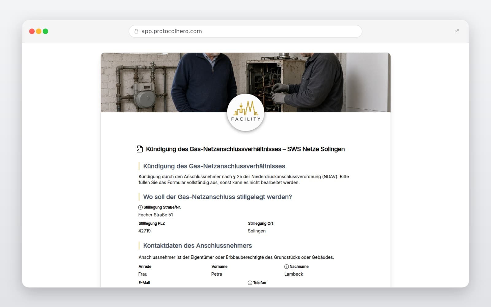 Vorschau der Vorlage „Kündigung des Gas-Netzanschlussverhältnisses – SWS Netze Solingen"